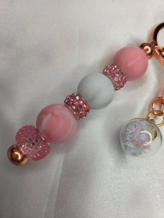 Beaded Jewel Keychain - Pink & White w/Stars