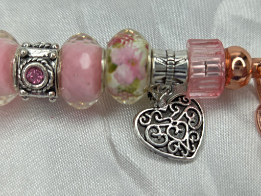 Beaded Jewel Keychain - Pink jewel with charm Victorian Heart