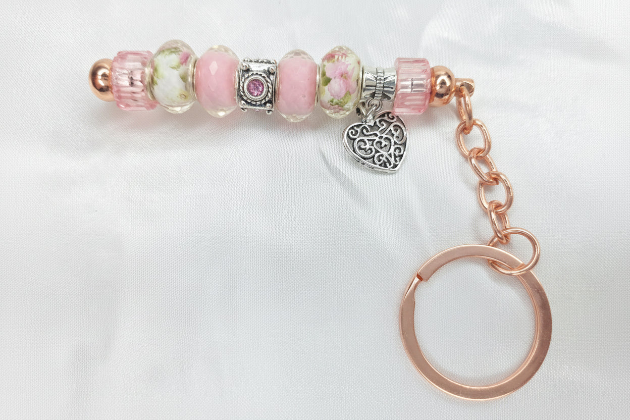 Beaded Jewel Keychain - Pink jewel with charm Victorian Heart