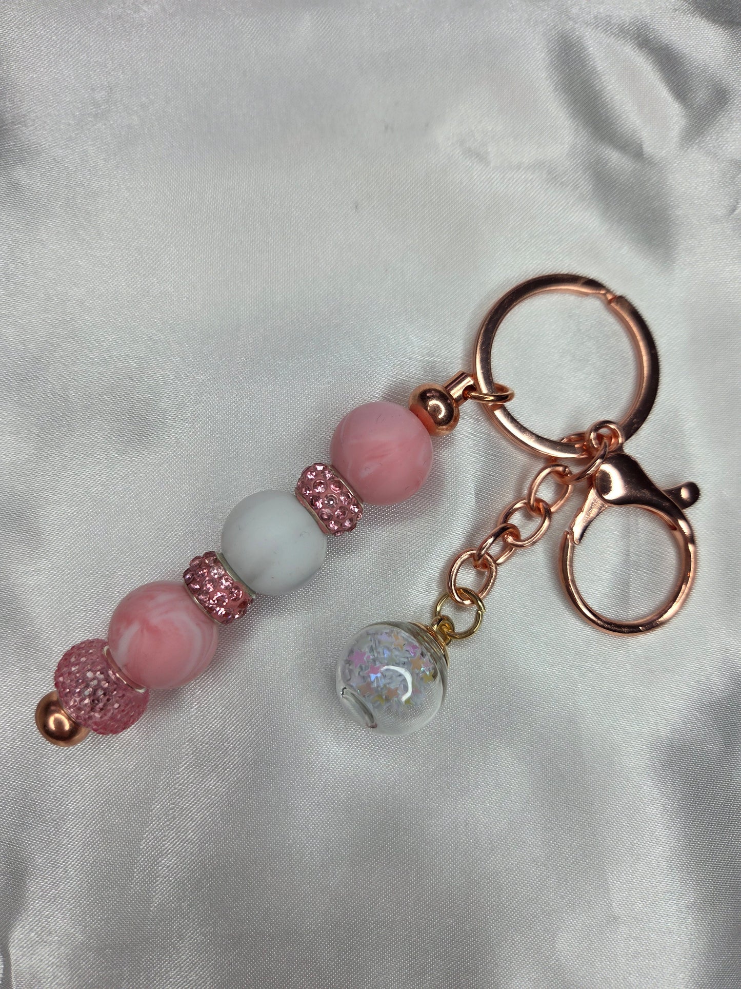 Beaded Jewel Keychain - Pink & White w/Stars