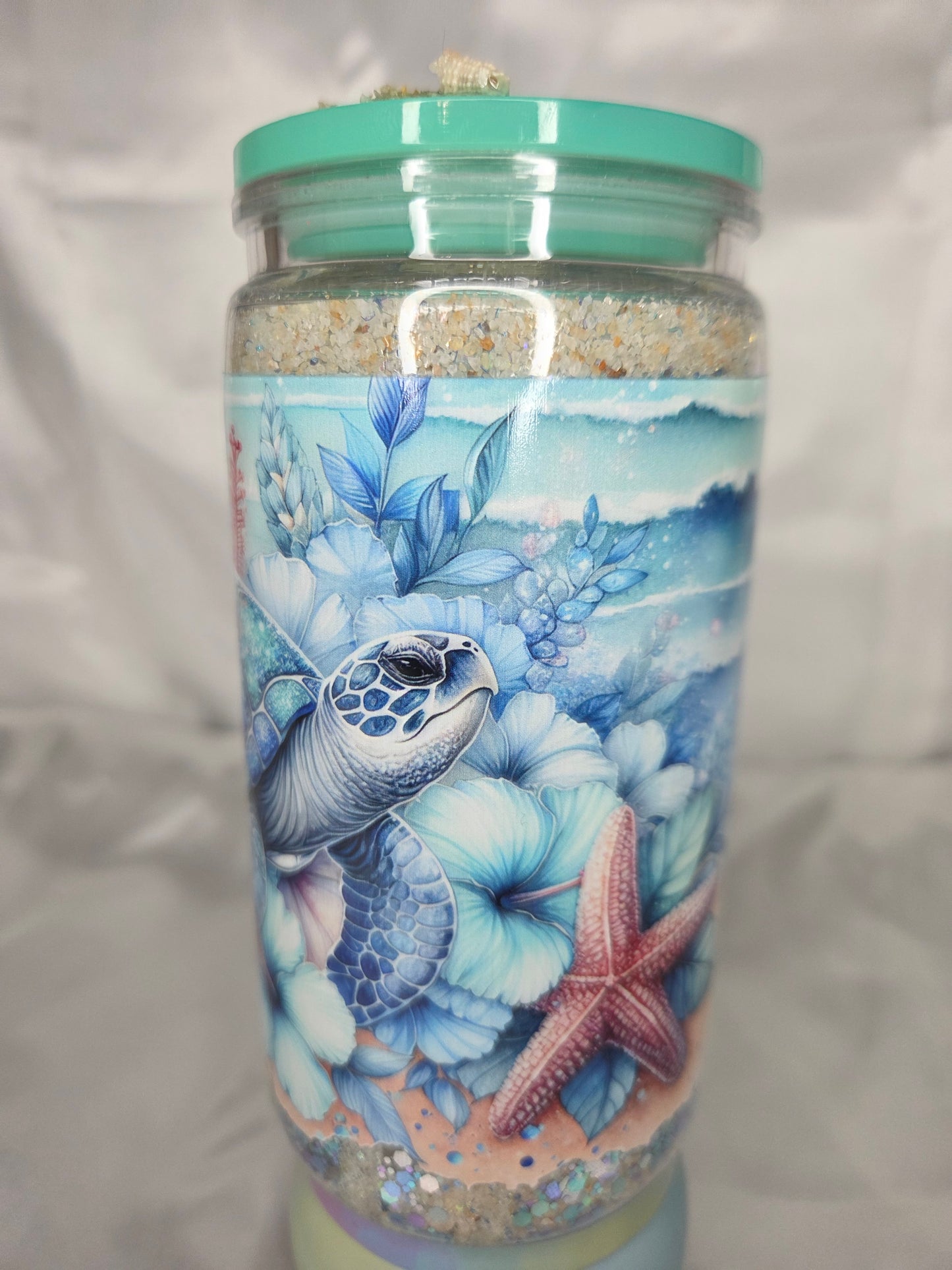 Pre-made Snowglobe acrylic Tumbler - Sea Turtle with Beach lid