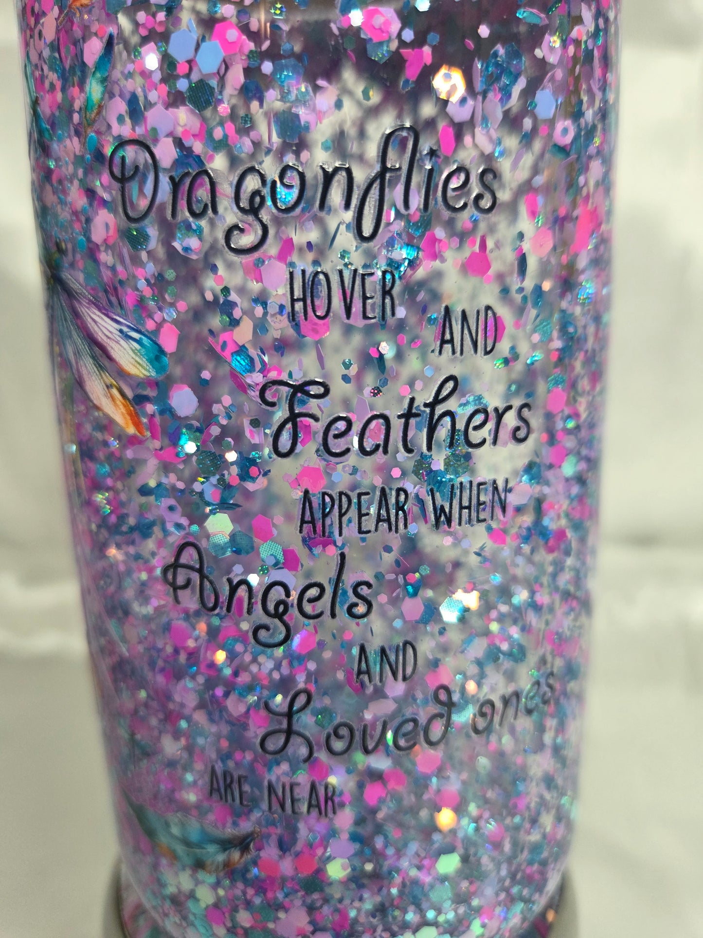Pre-made Snowglobe glass mug - Dragonflies (beautiful saying)