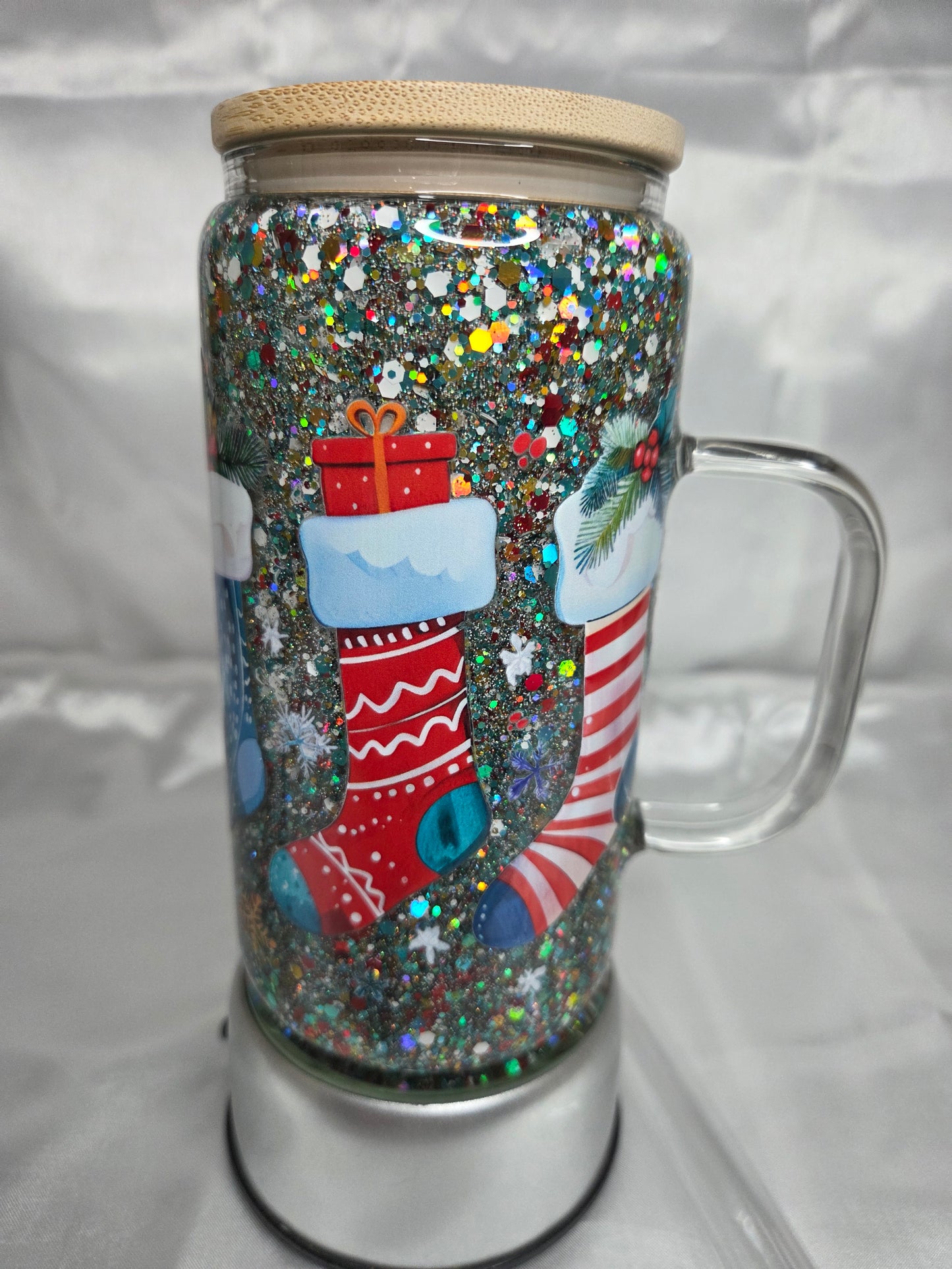 Pre-made Snowglobe glass mug - Christmas Stockings