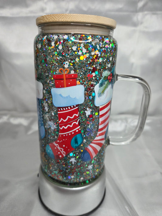 Pre-made Snowglobe glass mug - Christmas Stockings