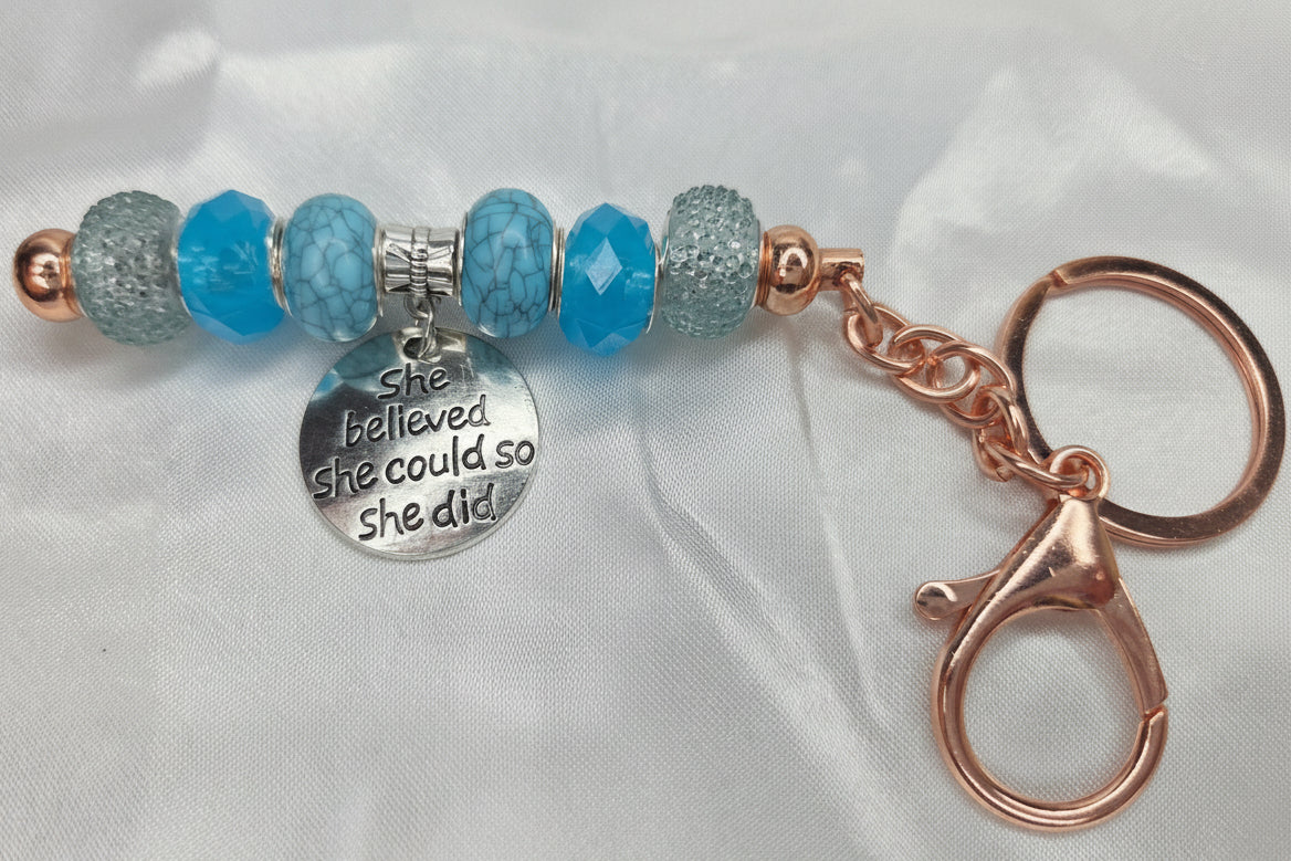 Beaded Jewel Keychain - Blue with She Believed She could so She did