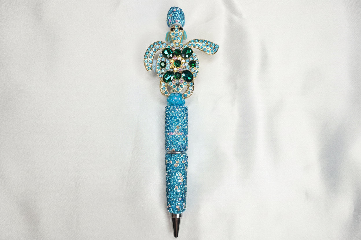 Beaded pen - Blue/Teal Turtle Bling with teal Turtle