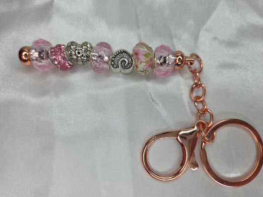 Beaded Jewel Keychain - Pink with 2 Hearts
