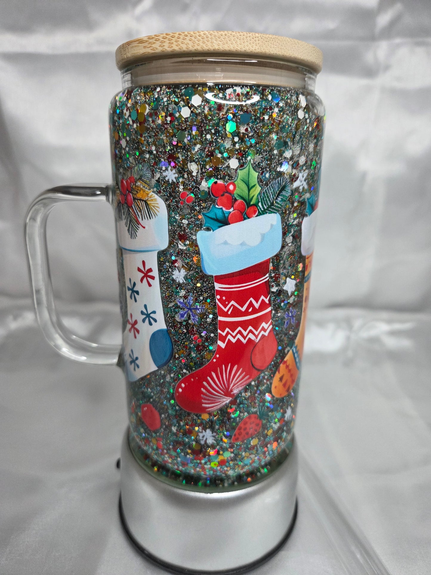Pre-made Snowglobe glass mug - Christmas Stockings